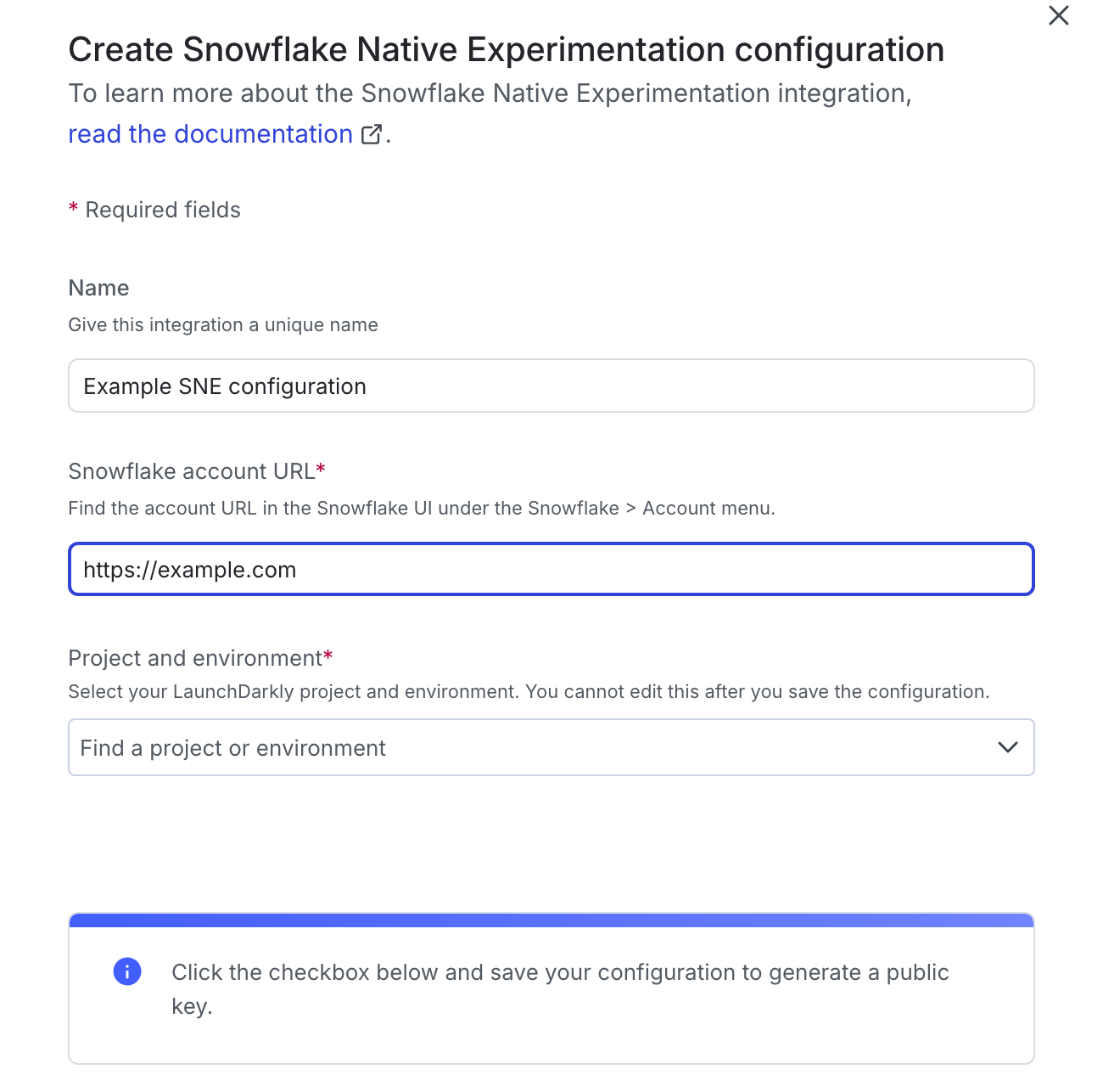The Snowflake Native Experimentation configuration panel in LaunchDarkly.