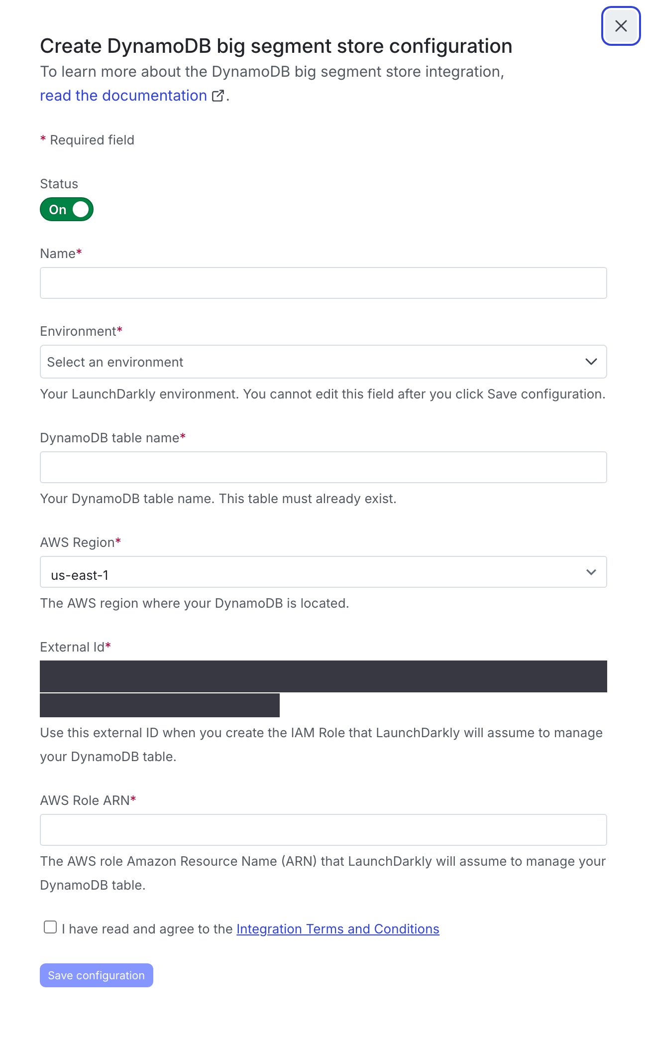 The "Create configuration" panel for a DynamoDB integration.