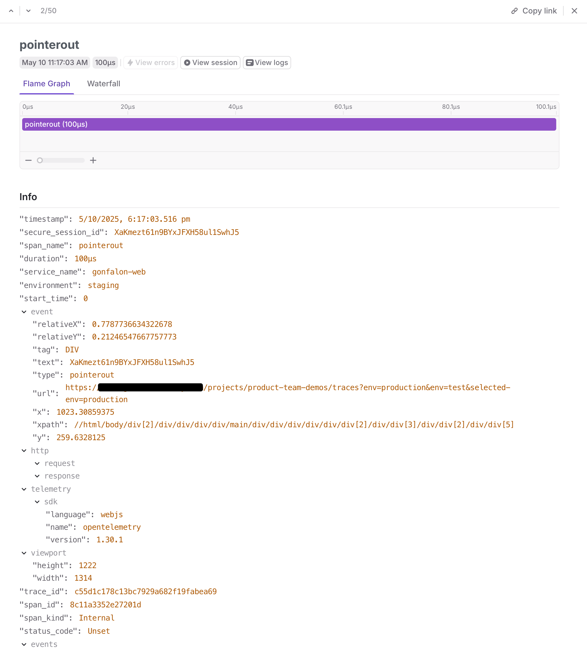 A detailed view of a log entry.