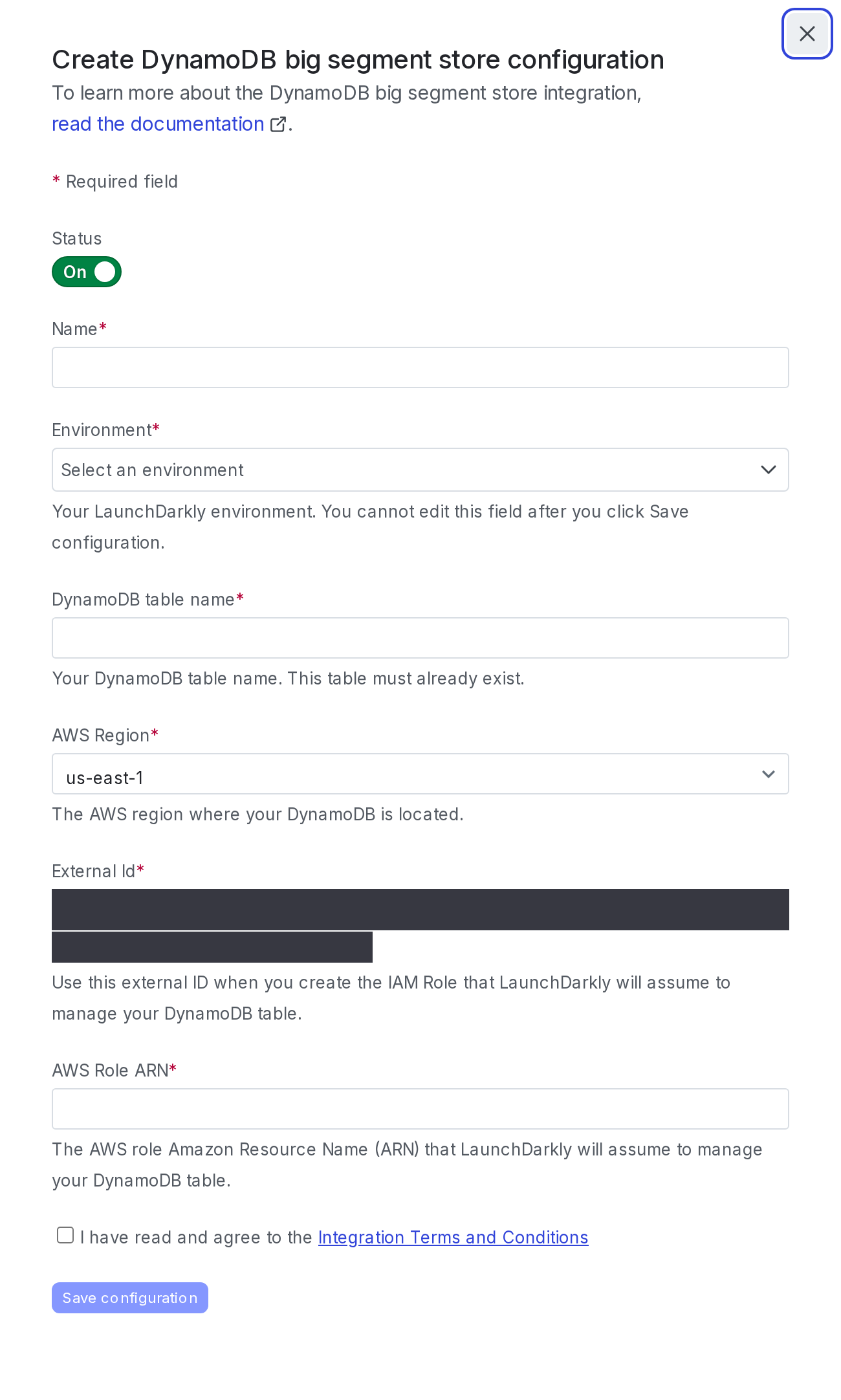 The "Create configuration" panel for a DynamoDB integration.