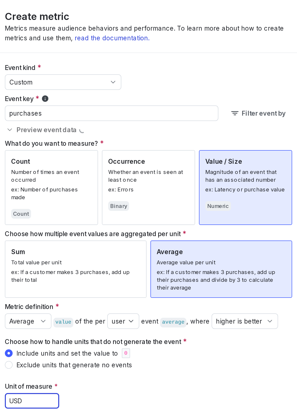The metric creation dialog.