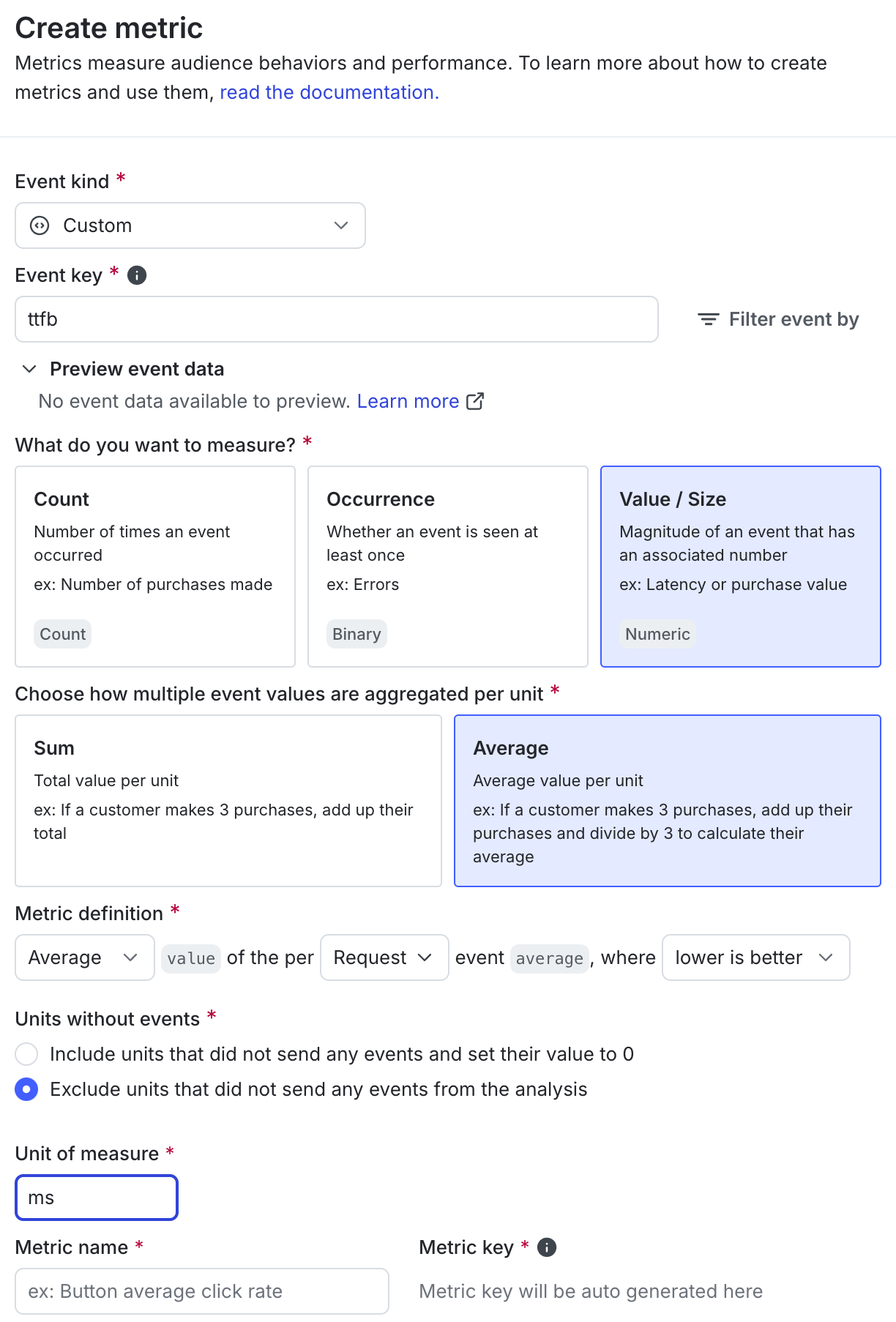 The "Create metric" dialog for a secondary custom numeric metric.