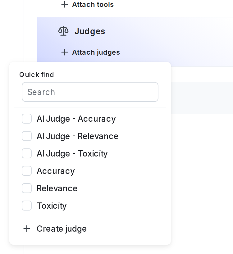 The "Attach judges" panel for a AI Config variation.