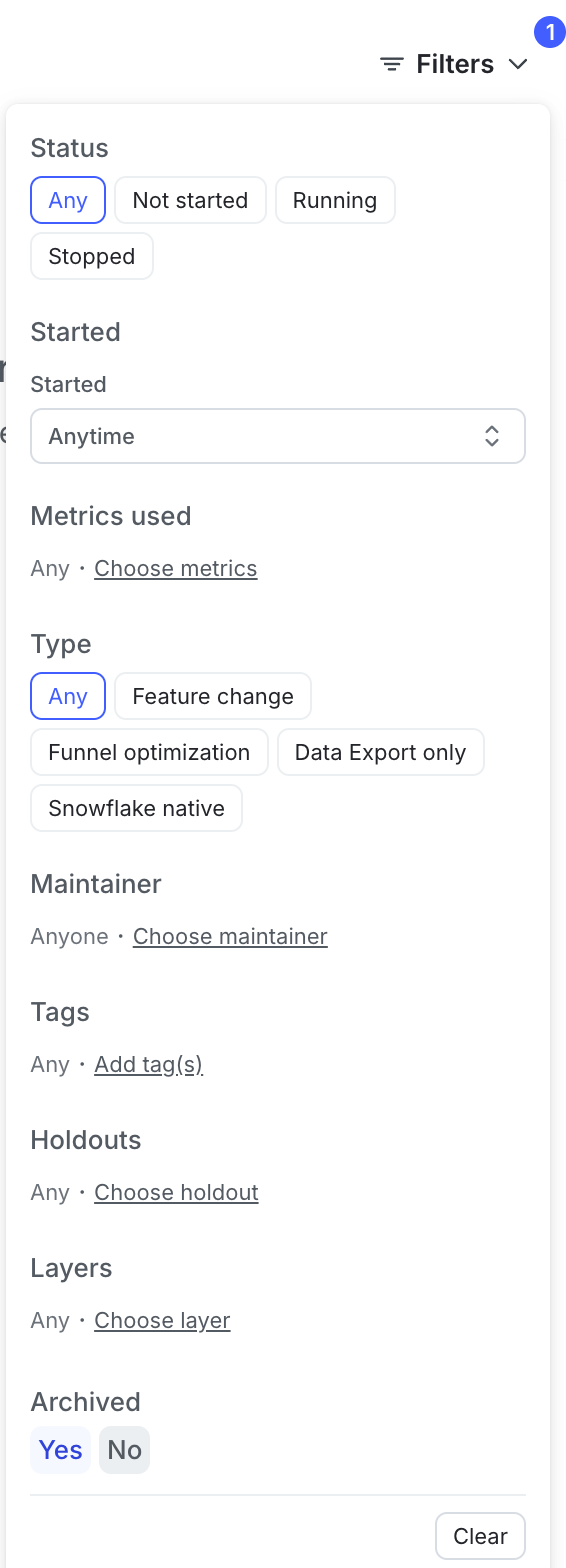 The "View archived experiments" option on the Experiments list.