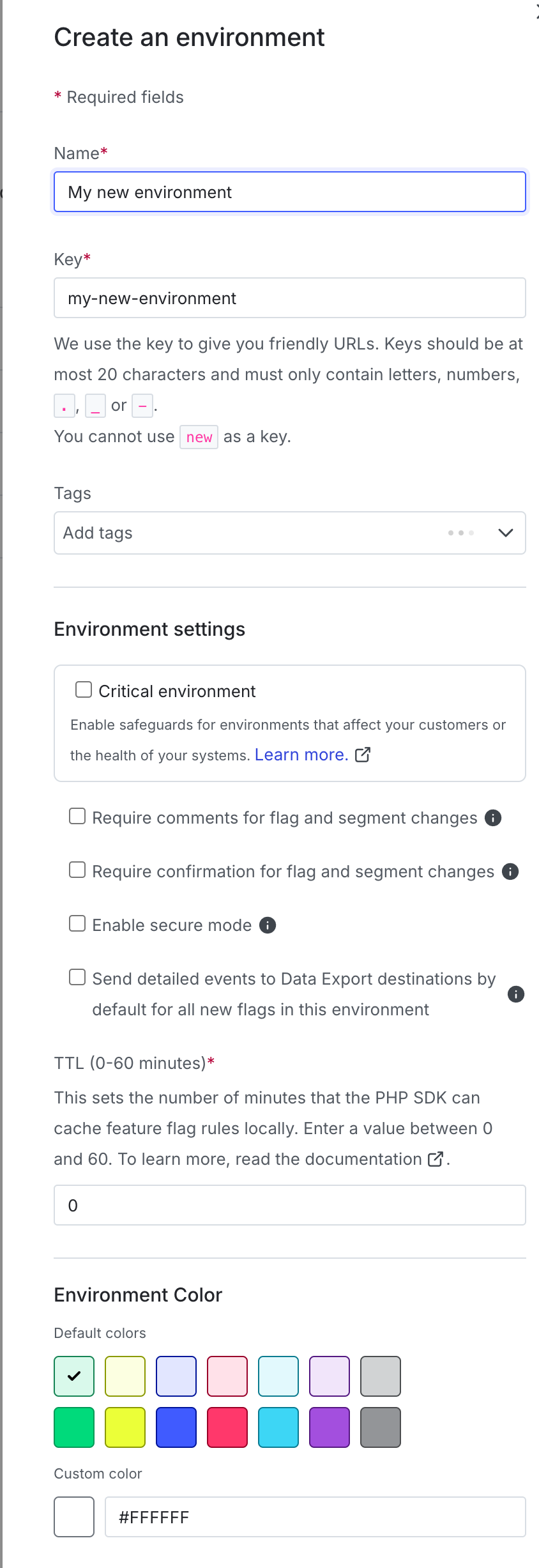 The "Create an environment" panel.