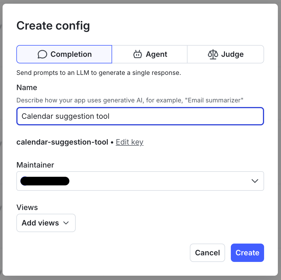 The "Create AgentControl config" dialog, with the option for a completion-based or agent-based config.