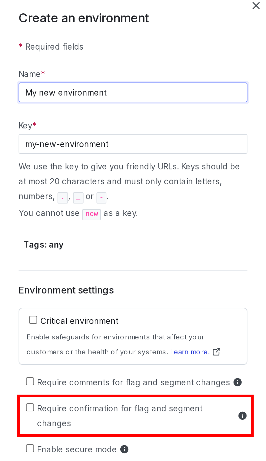 The "Create an environment" panel with the "Require confirmation" checkbox called out.