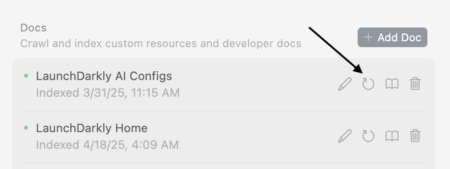 Screenshot demonstrating where to update or delete existing documentation that Cursor has already indexed.