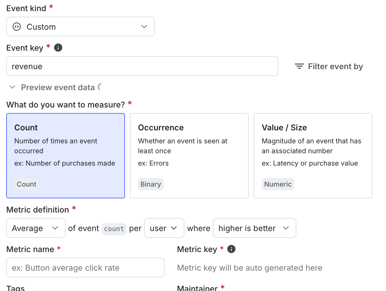 The metric creation dialog.