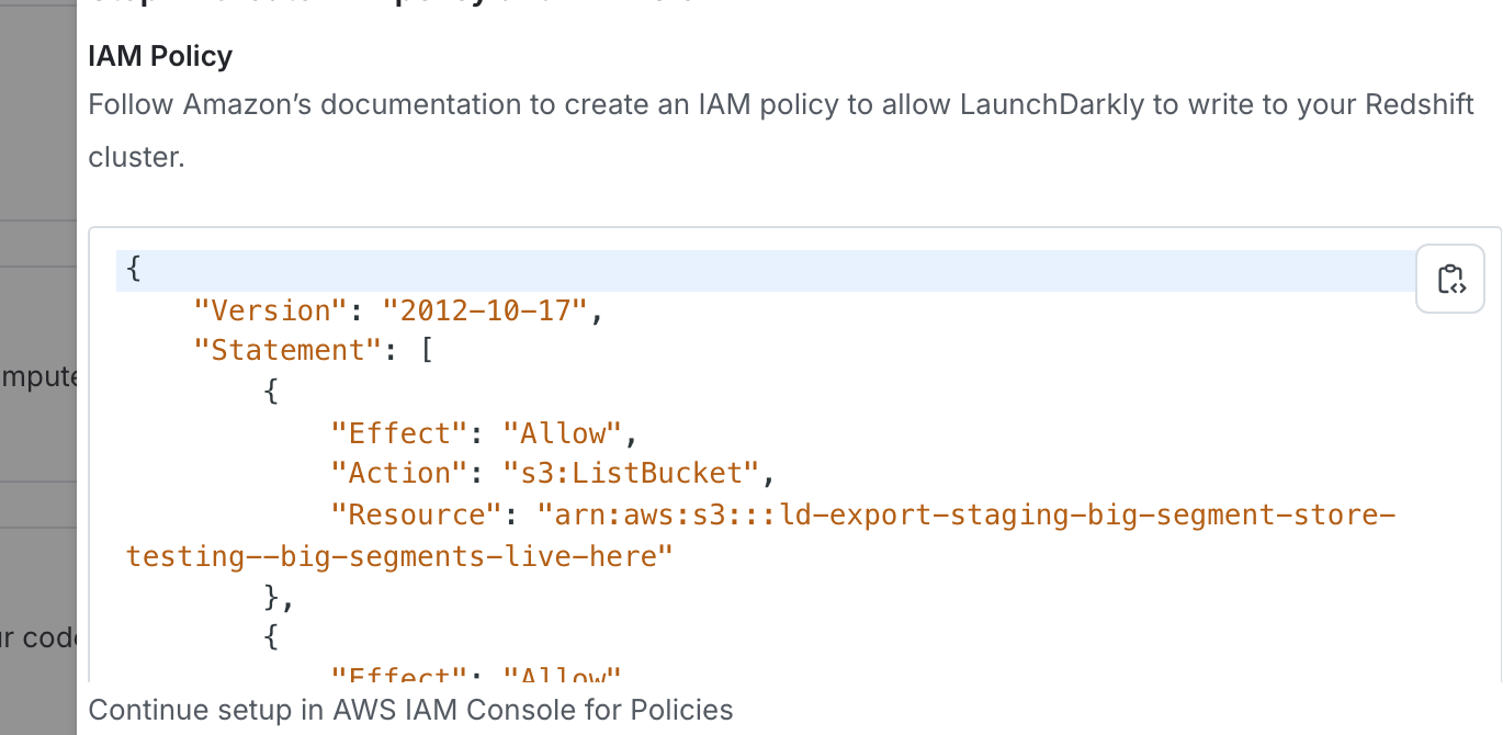 The "IAM role" section of the LaunchDarkly integration panel.