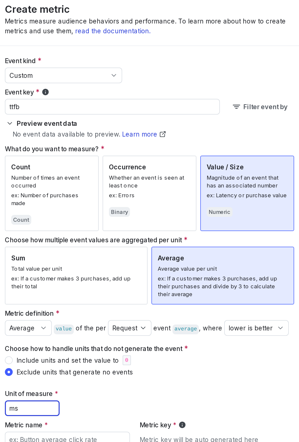 The "Create metric" dialog for a secondary custom numeric metric.