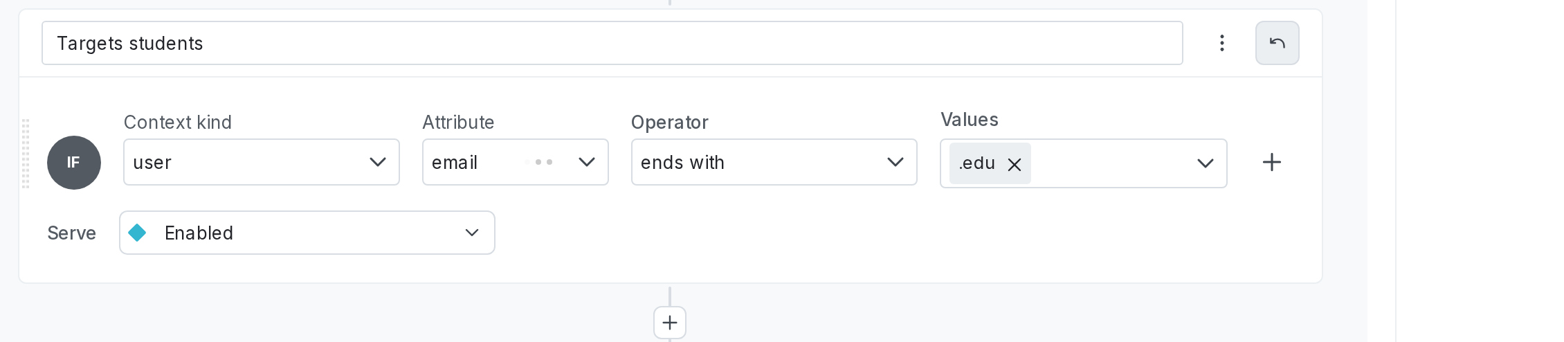 A targeting rule that serves "Available" to all user contexts that contain an "email" attribute with a value that ends in ".edu".