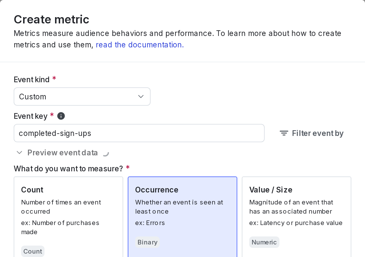 The "Create metric" dialog for a new custom conversion binary metric.