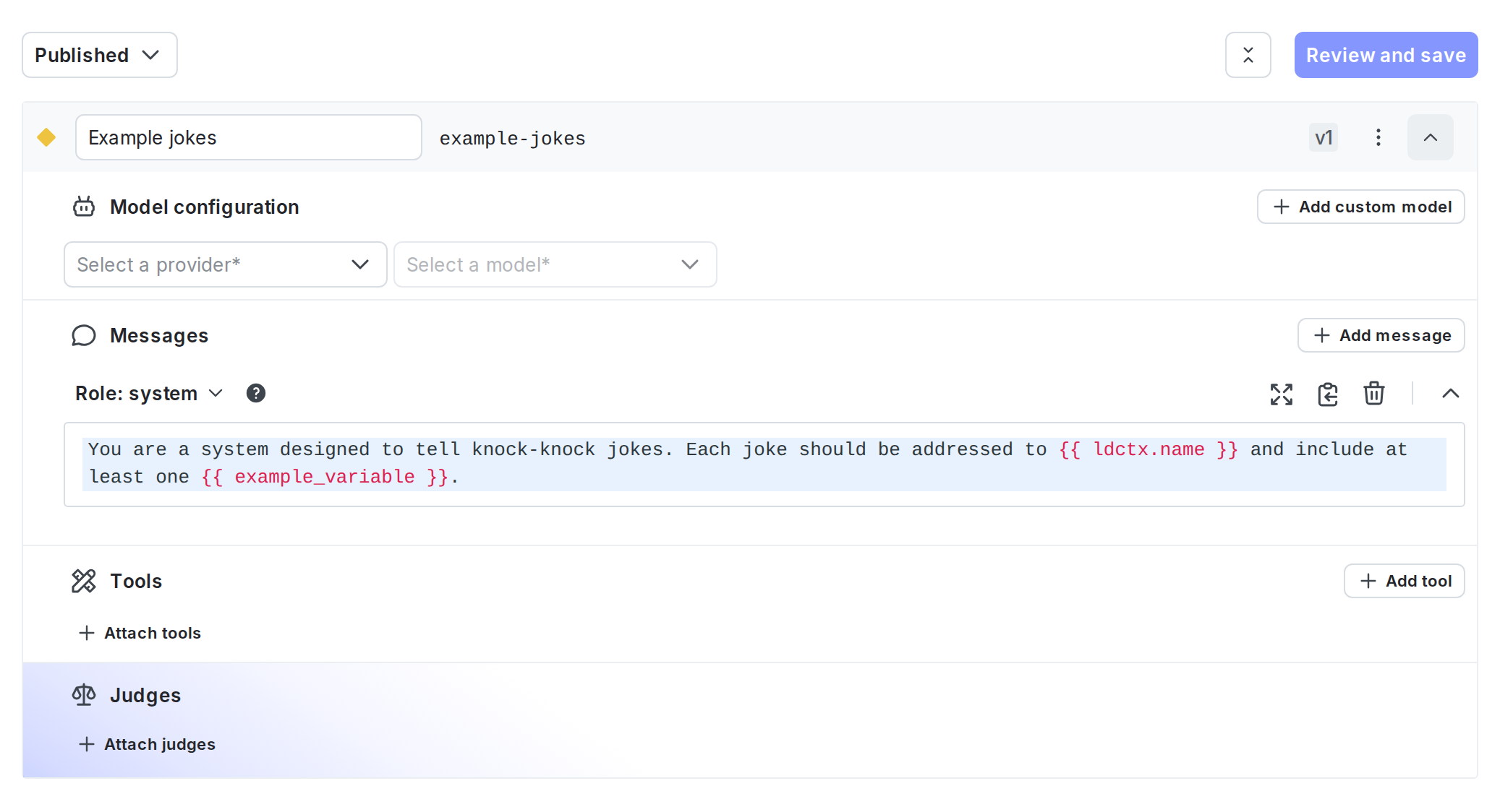 The Variations tab of an AI Config with one variation.