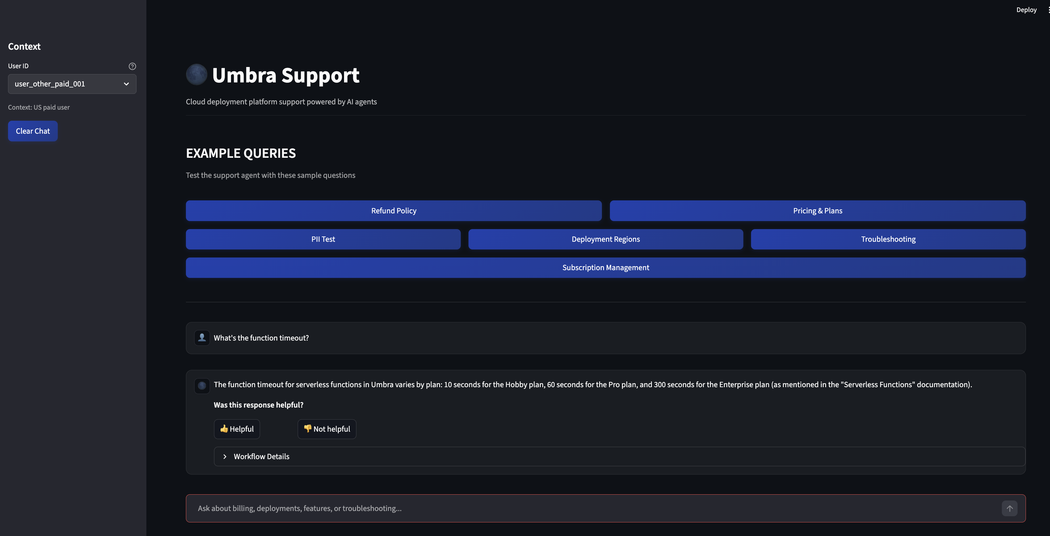 The Umbra support chat UI answering a question grounded in the Umbra knowledge base.