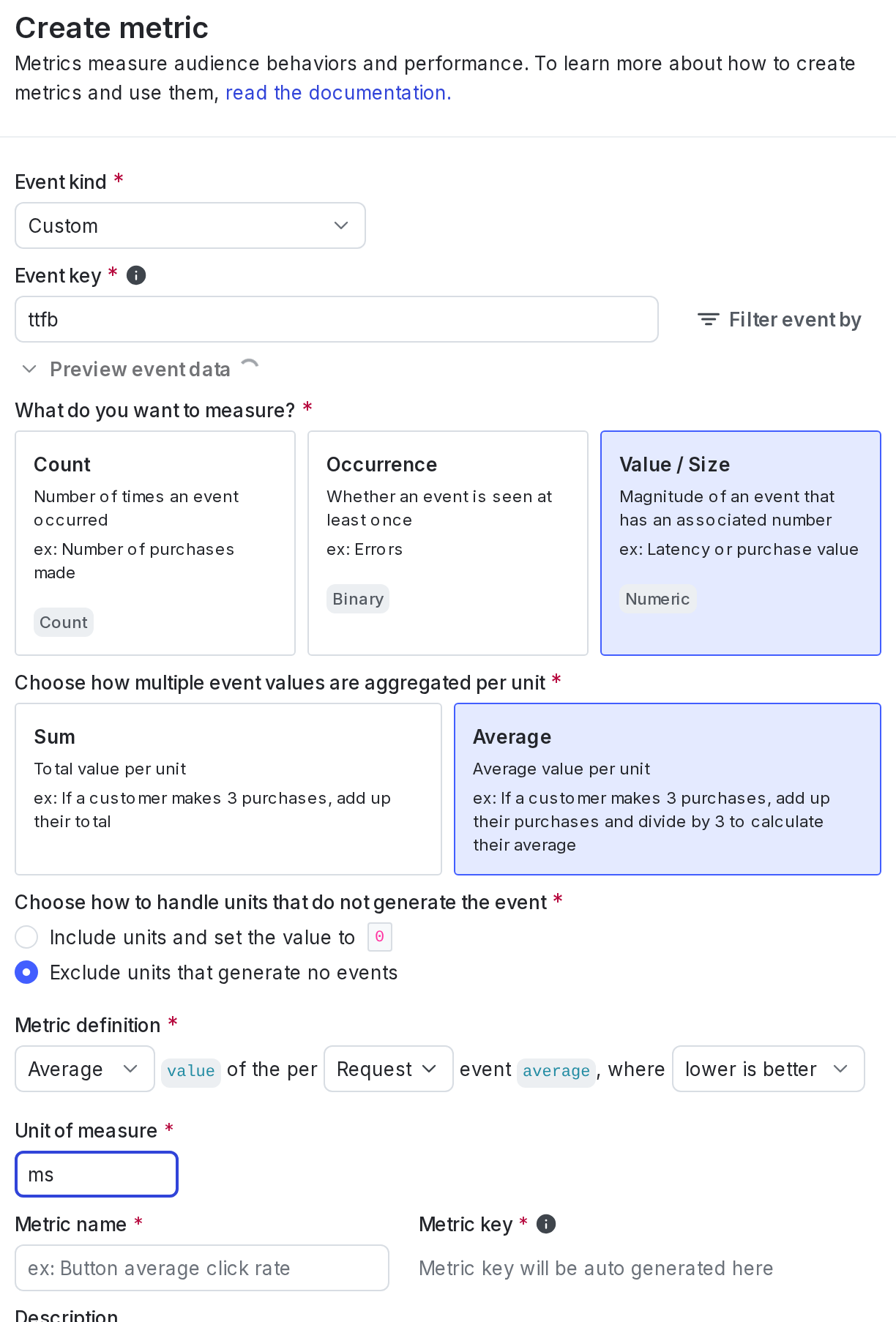 The "Create metric" dialog for a secondary custom numeric metric.