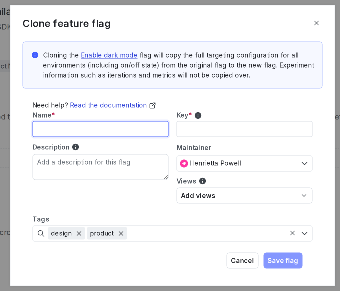 The "Clone feature flag" dialog.