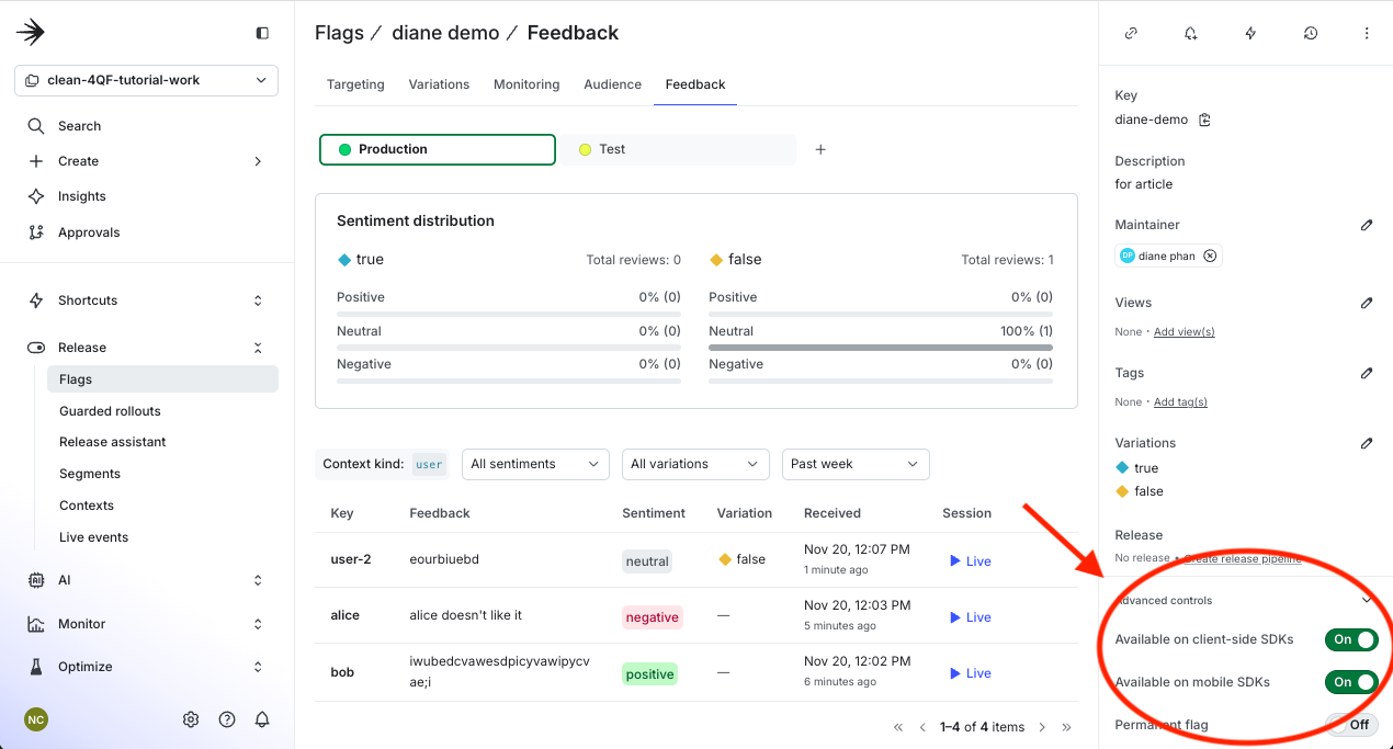 Advanced controls on the bottom right hand side to enable client-side
SDKs.
