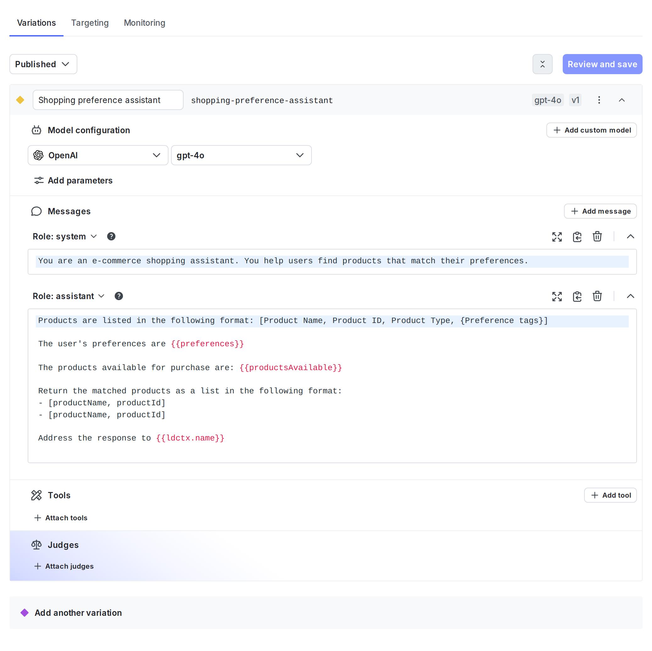 The completed variation for your AI Config.