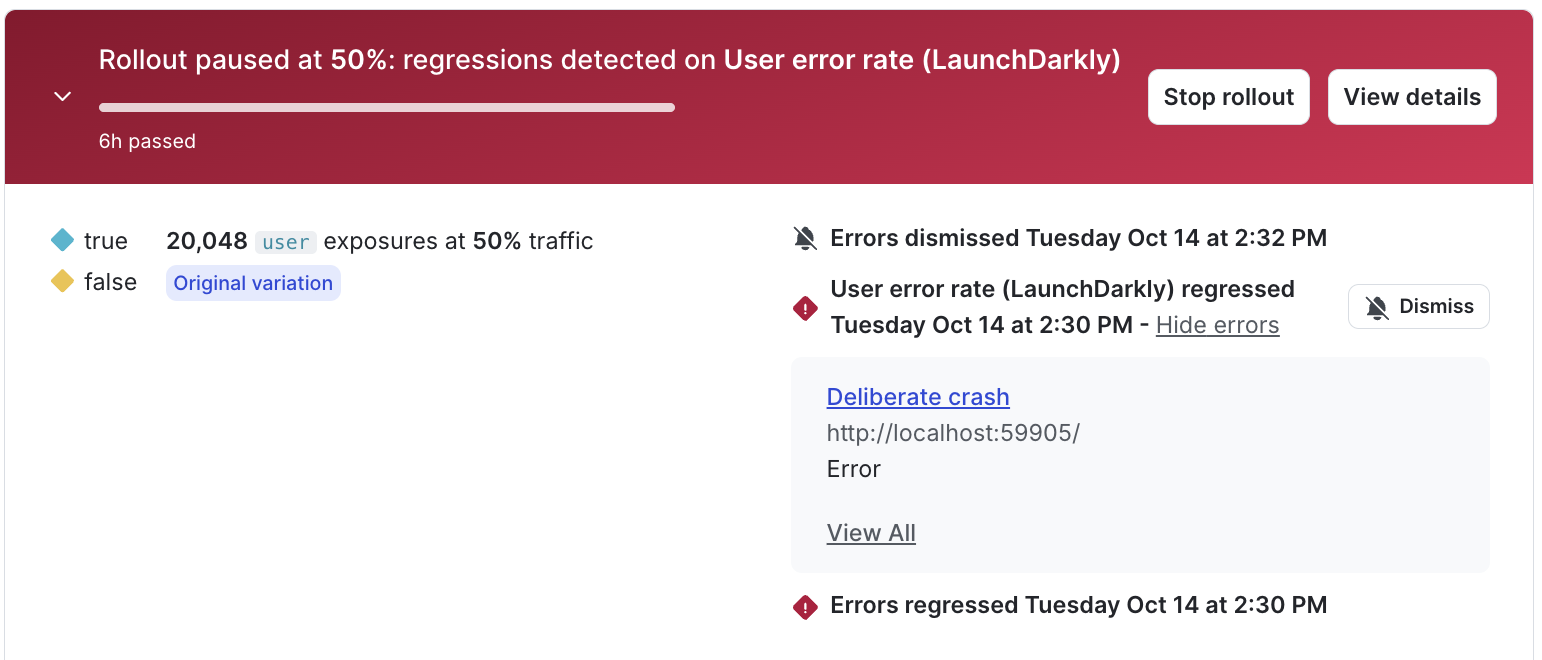 A guarded rollout with the error panel expanded.