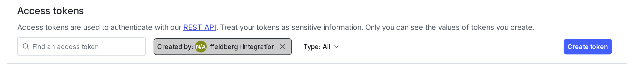 The Access tokens section of the Authorization tab.