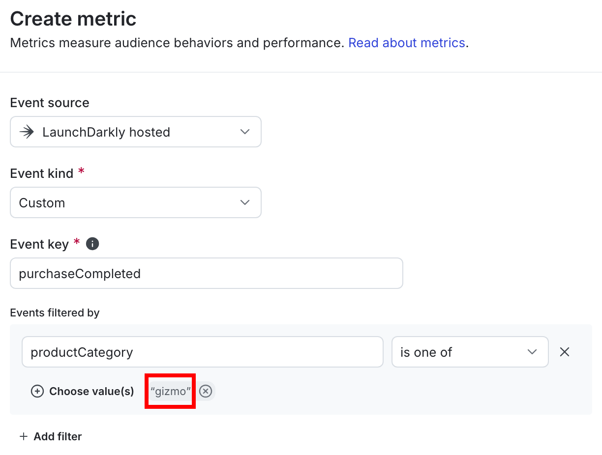 A second metric using the same event key, filtered to include only events where productCategory is gizmo.