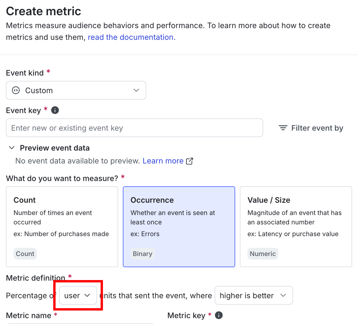The "Metric definition" section of a new metric with the randomization unit called out.