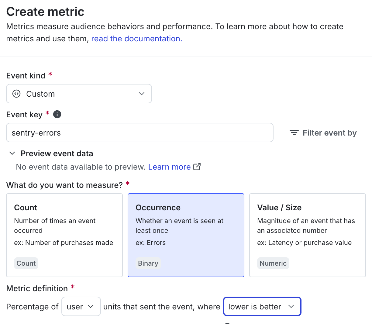 The metric creation dialog.