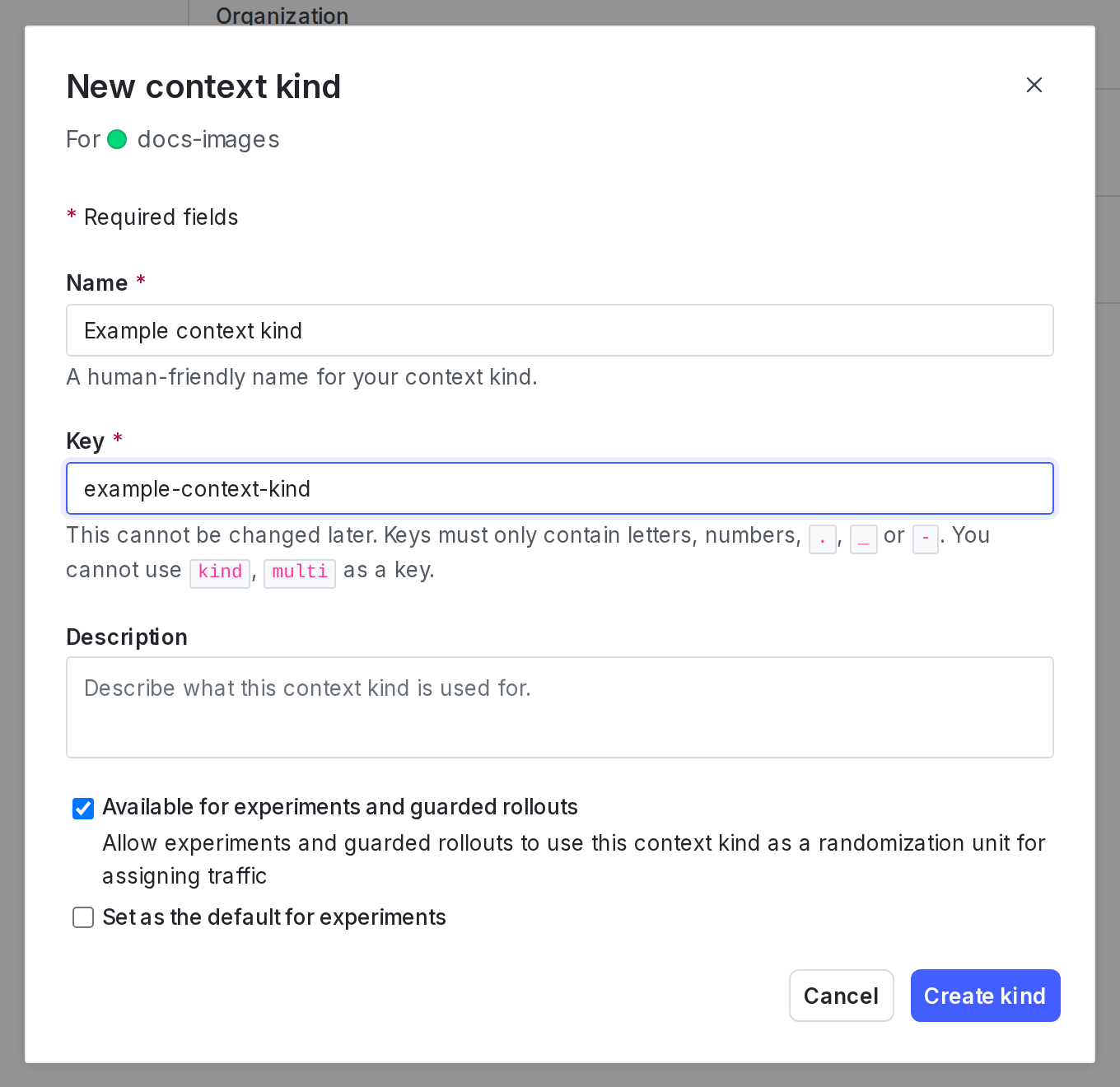 The "New context kind" dialog with the "Available for experiments and guarded rollouts" option checked.