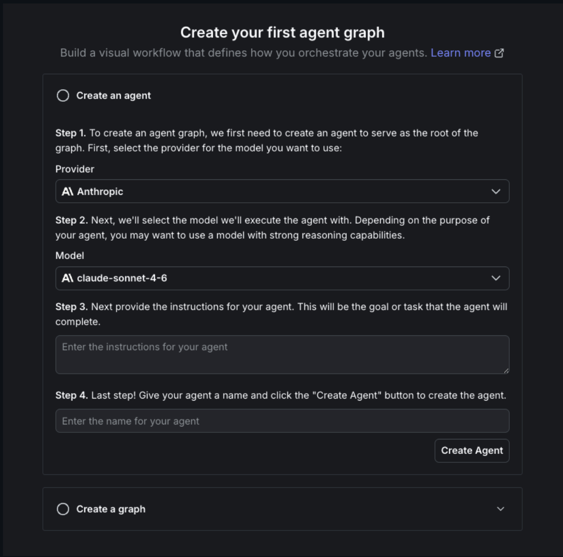 First-time agent graph wizard