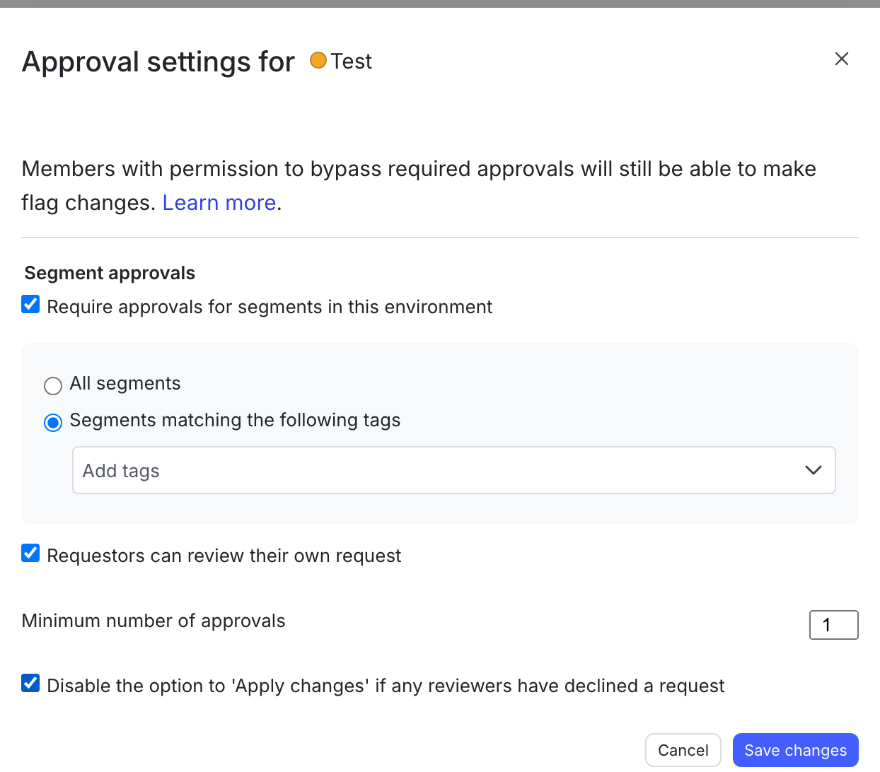 The Approval settings panel, showing the Segment approvals section.