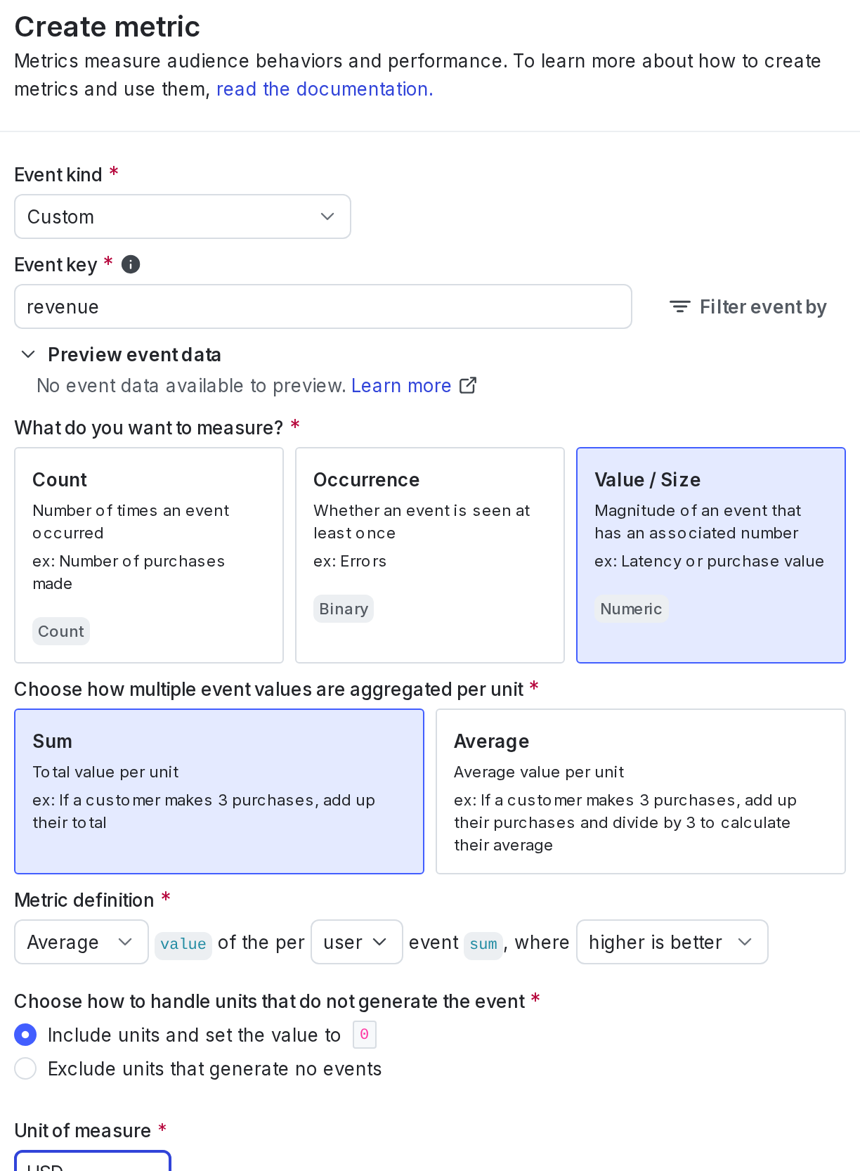 The metric creation dialog.