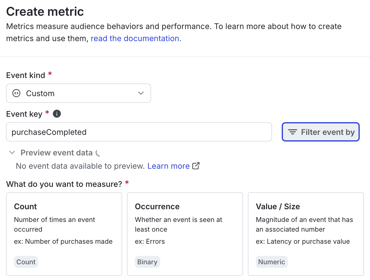 The Create metric panel, with Custom event kind selected and event key entered.