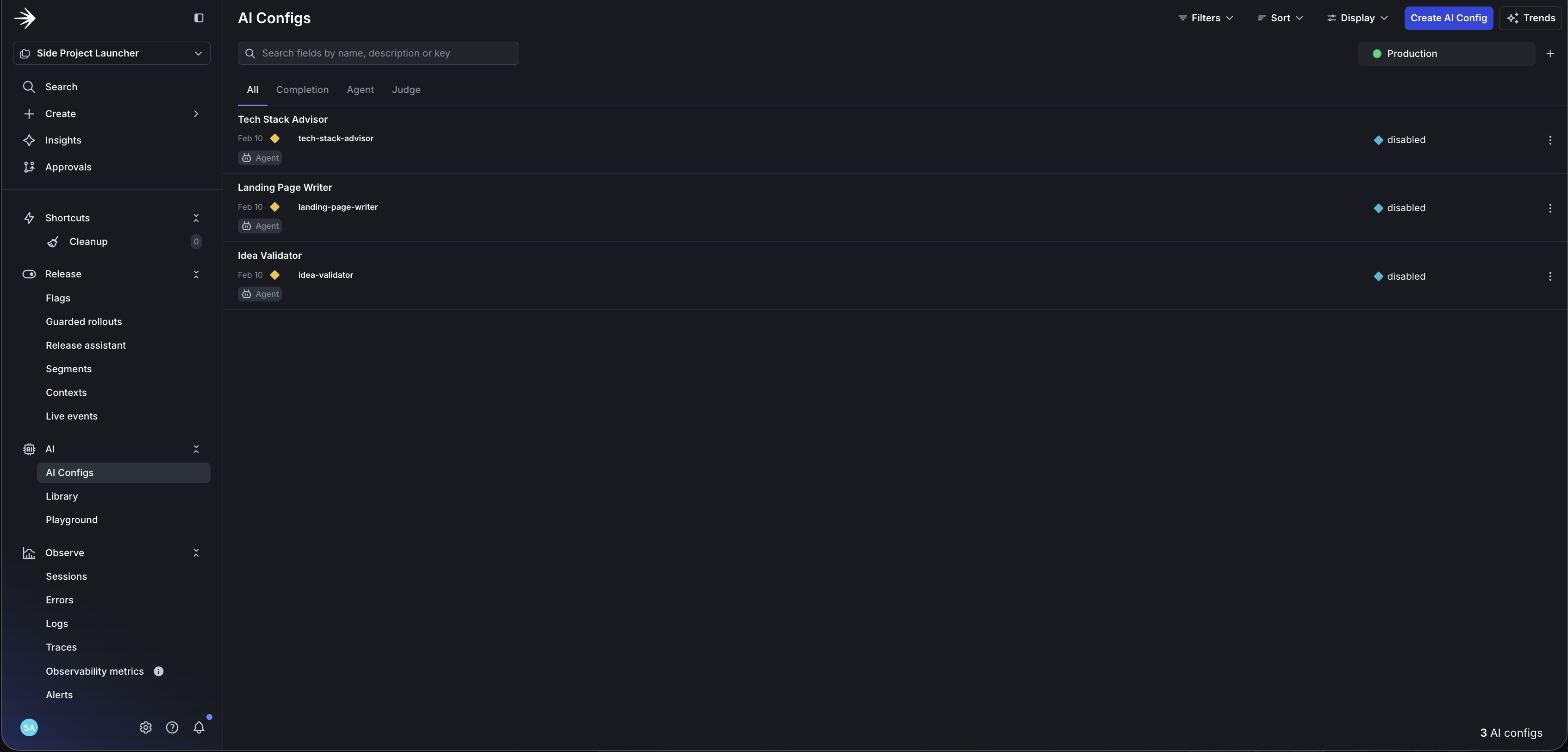 AI Configs list in LaunchDarkly showing the three agents: idea-validator, landing-page-writer, and tech-stack-advisor
