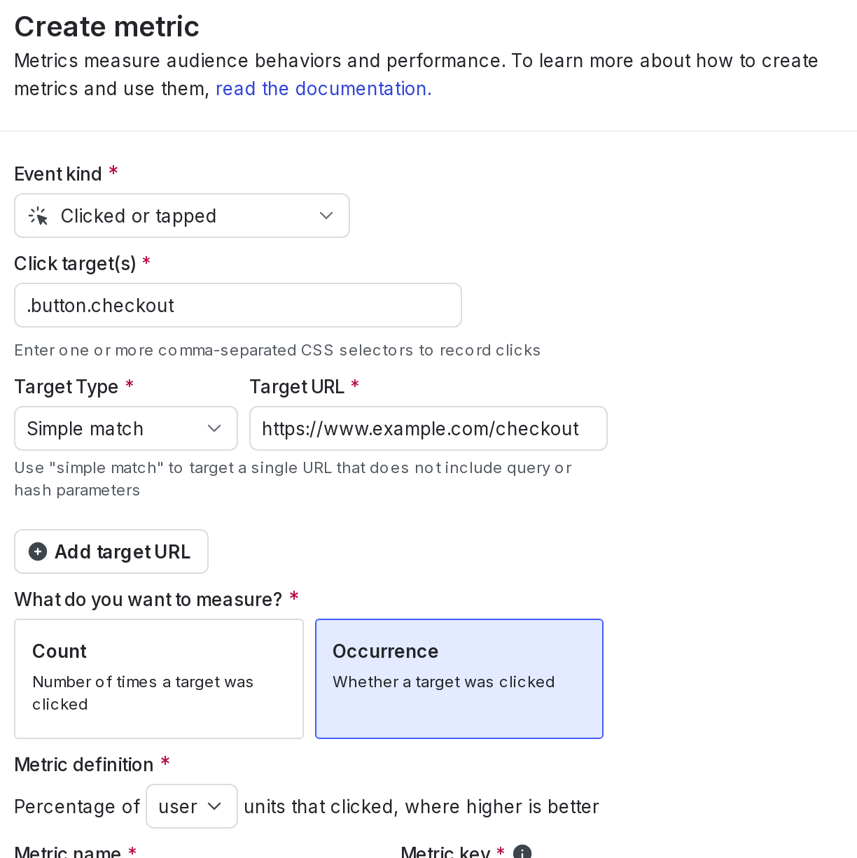 The "Create metric" dialog for a new click conversion metric.