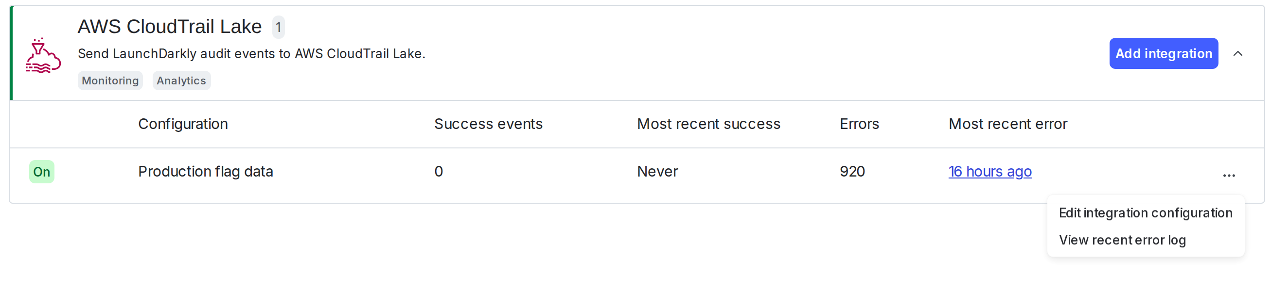 The "AWS CloudTrail Lake" section with the "Edit integration configuration" option called out.