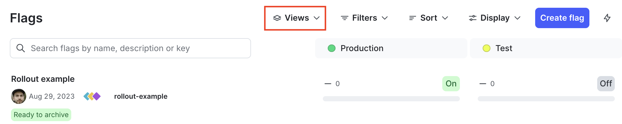 The "Flags" list with the "View" menu called out.