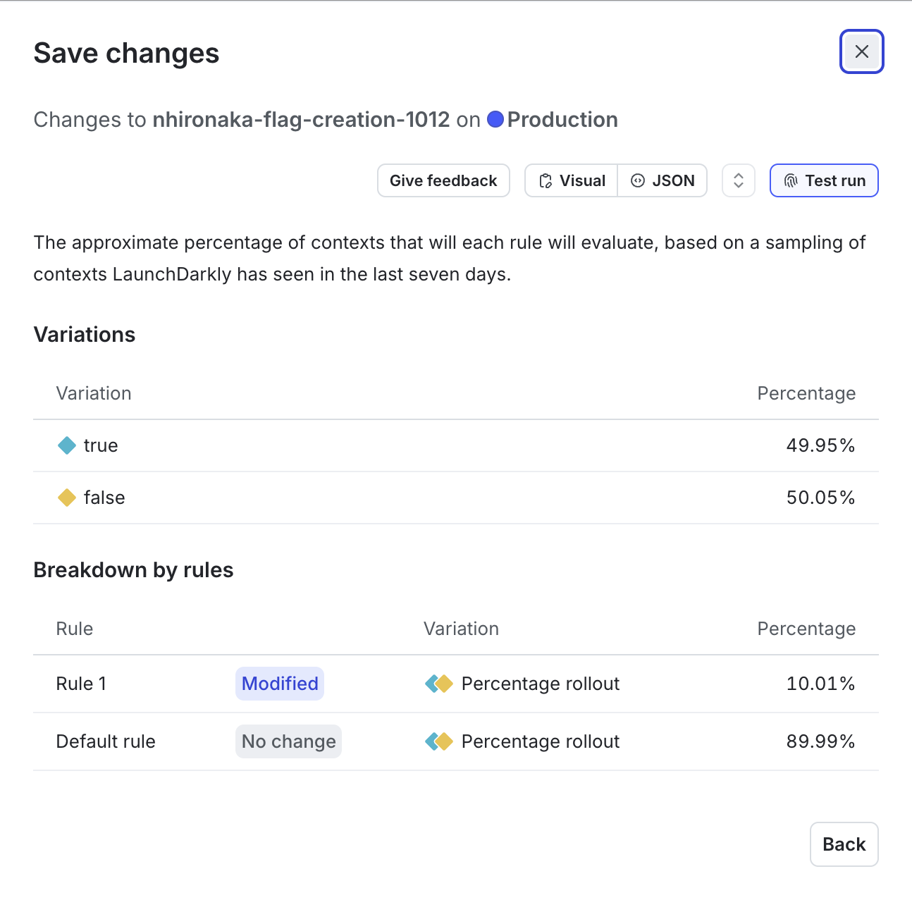 The "Save changes" dialog for a flag targeting change.