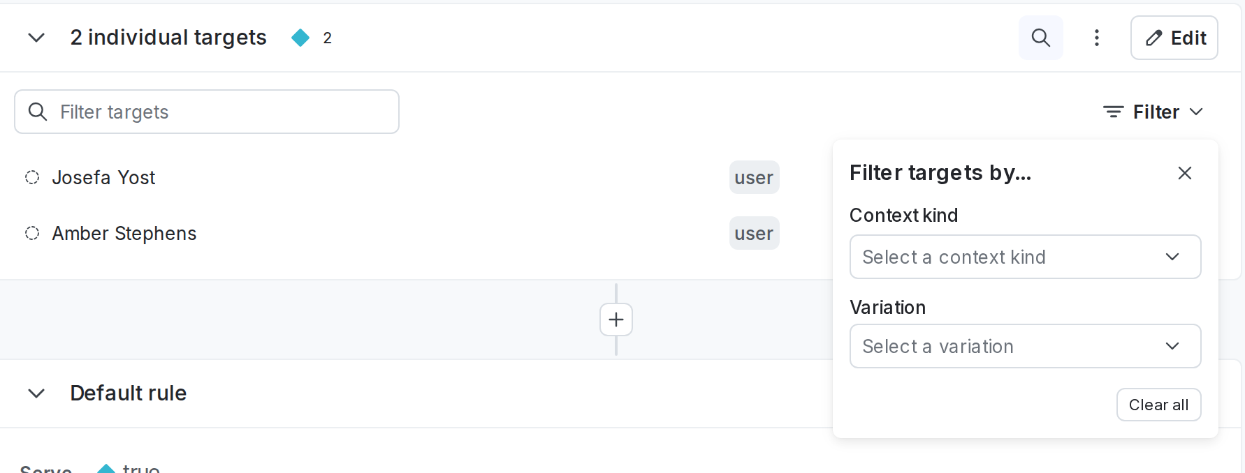The filter options for individually targeted contexts.