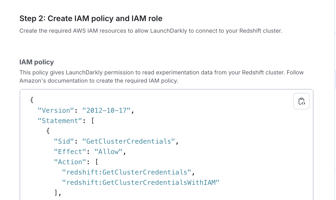 The IAM policy JSON in LaunchDarkly.