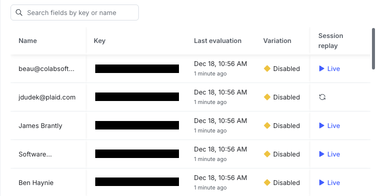Each row in the audience table shows context details, the last evaluation date, the variation served, and a session replay link.