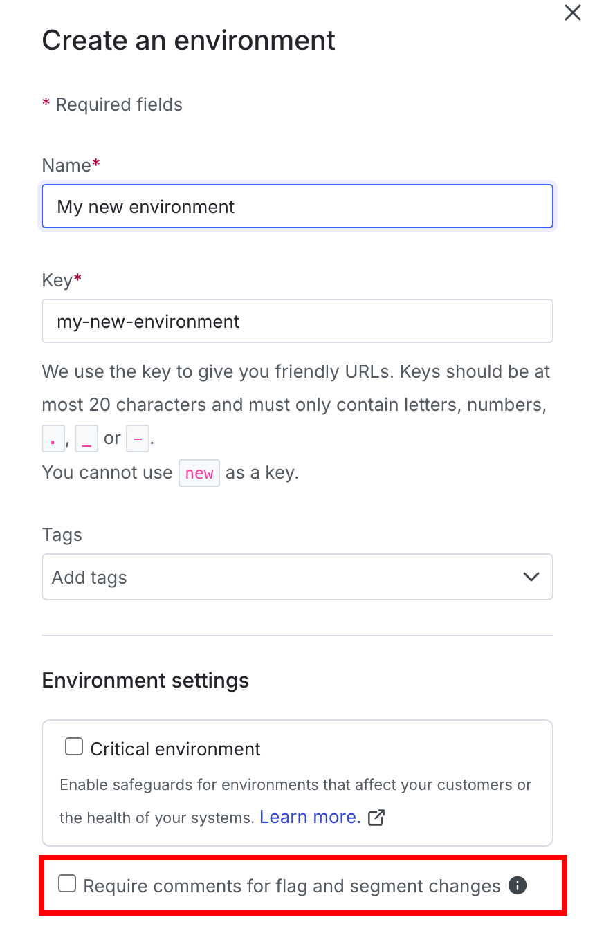 The "Create an environment" panel with the "Require comments" checkbox called out.