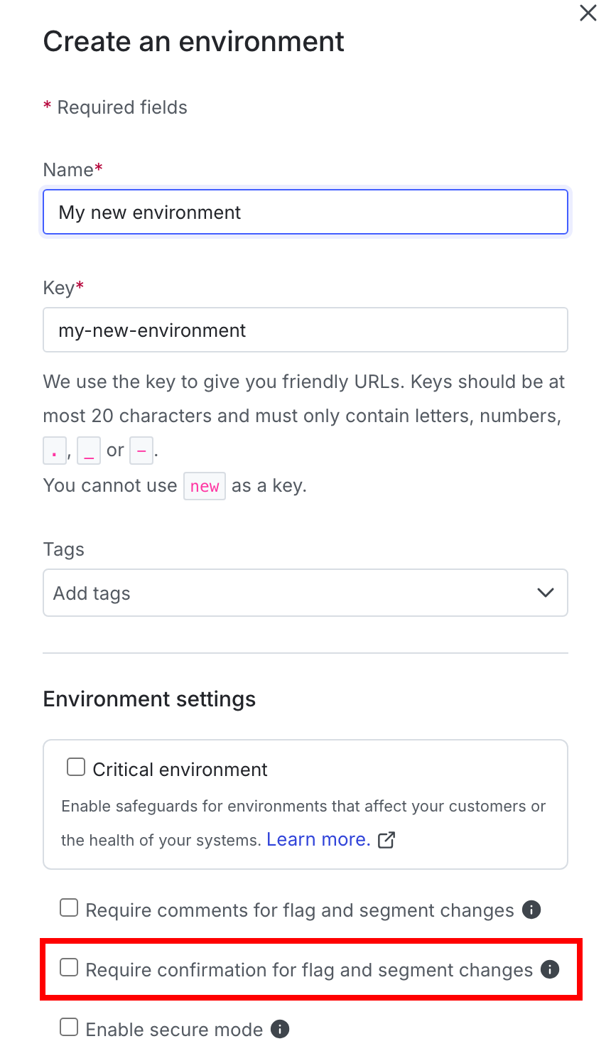 The "Create an environment" panel with the "Require confirmation" checkbox called out.