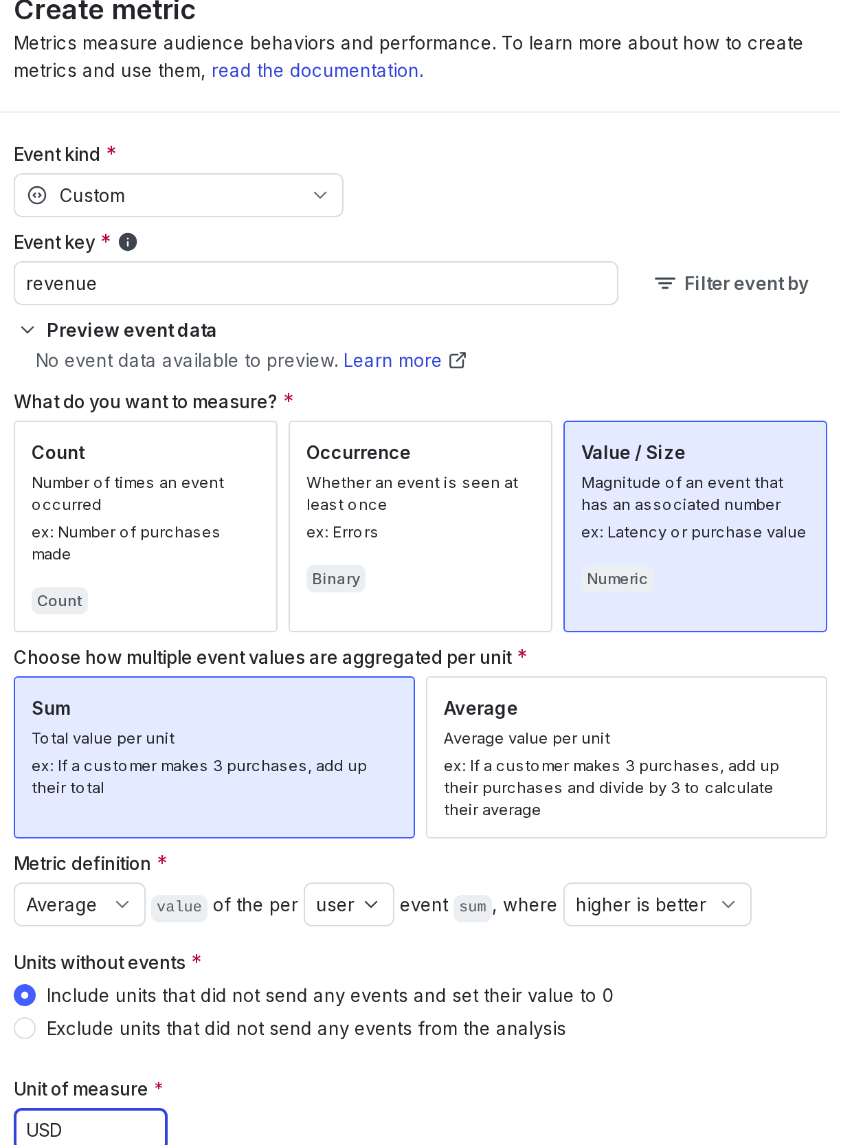 The metric creation dialog.