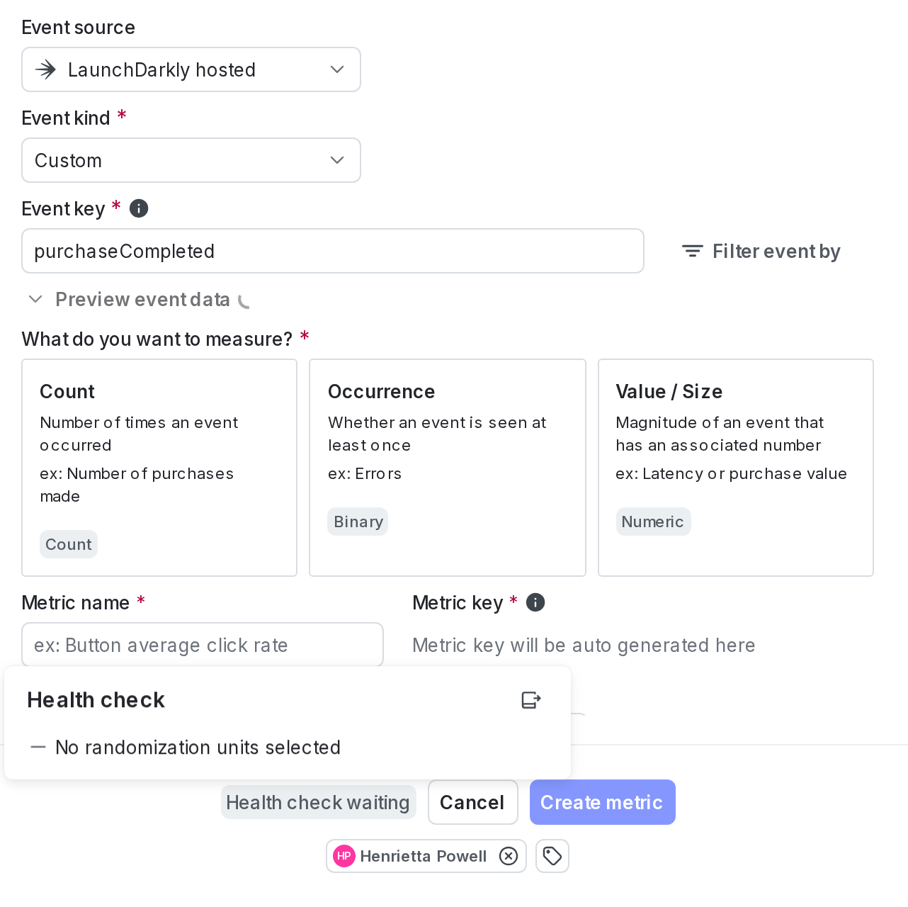 Health check icon on create metric dialog.