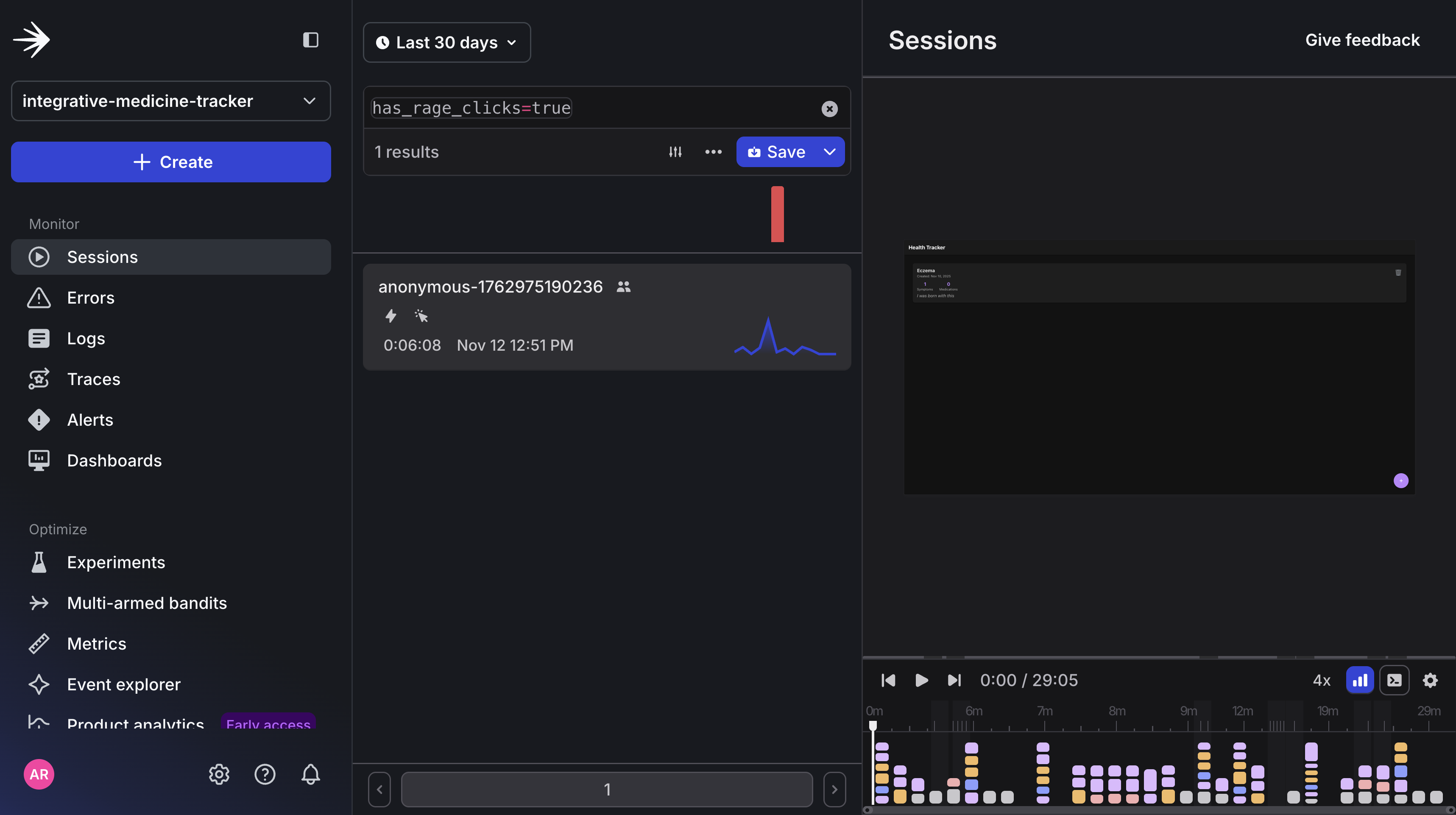 Image of searching for rage clicks sessions in session replay.