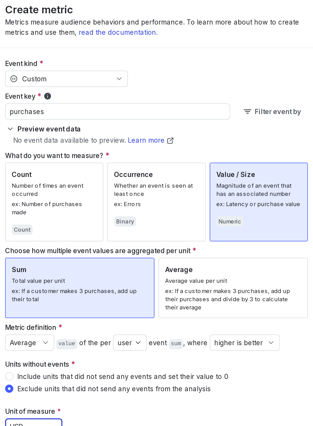 The metric creation dialog.