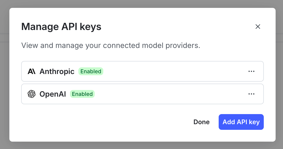 The Manage API keys integration page.