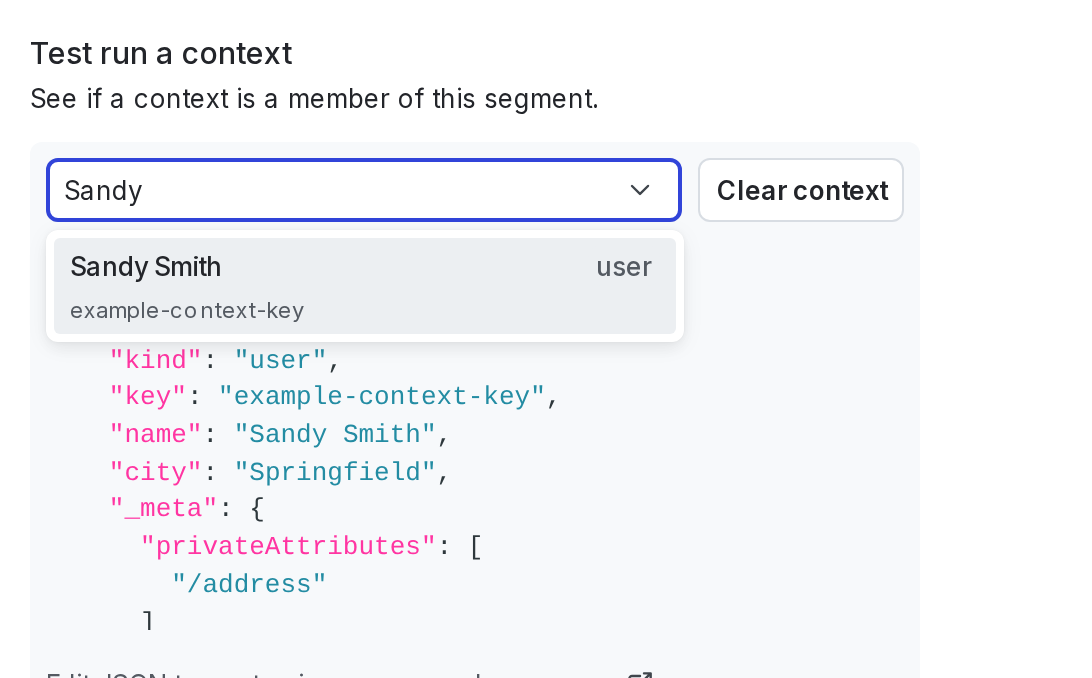 The "Test run a context" section, populated with an example context kind and key.