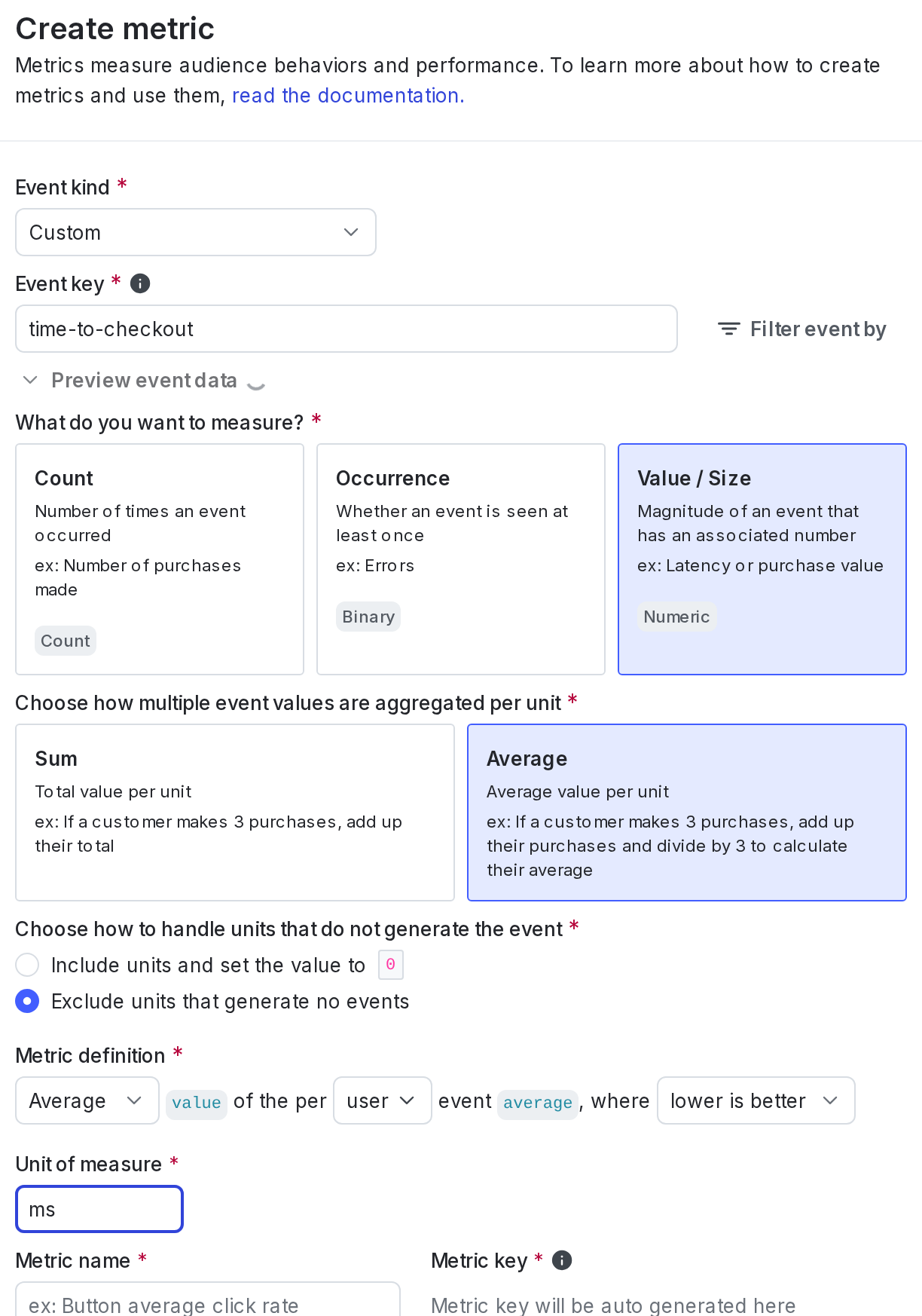 The "Metric definition" section for a custom numeric metric.
